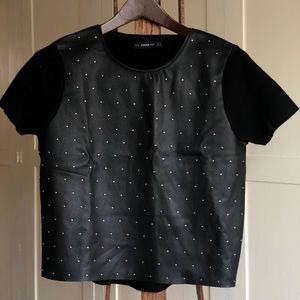 Zara Knit Black Studded Faux Leather Front Top S